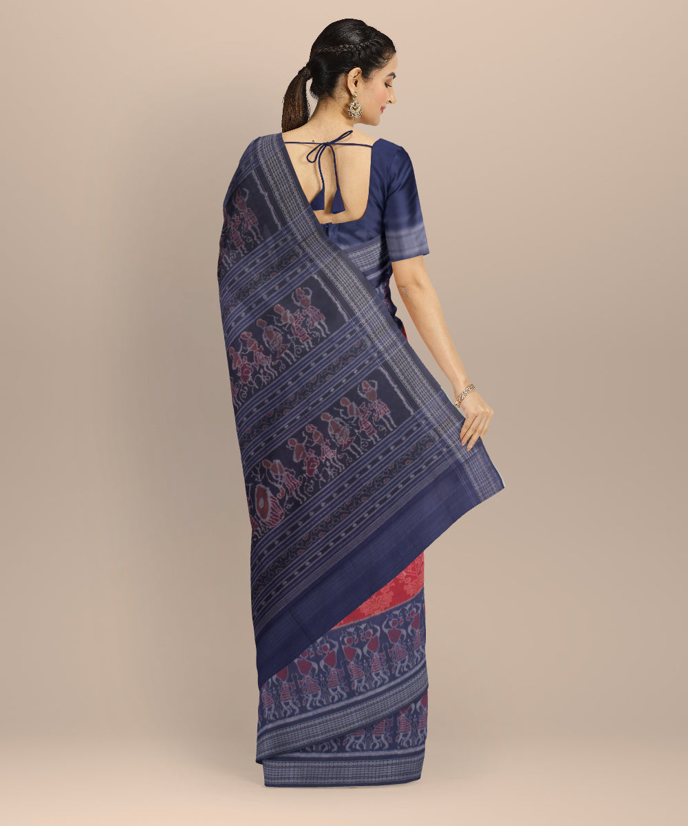 Red navy blue cotton handloom sambalpuri saree