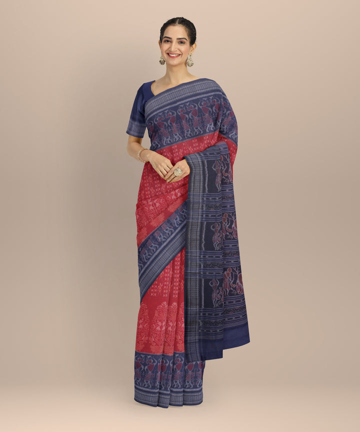 Red navy blue cotton handloom sambalpuri saree