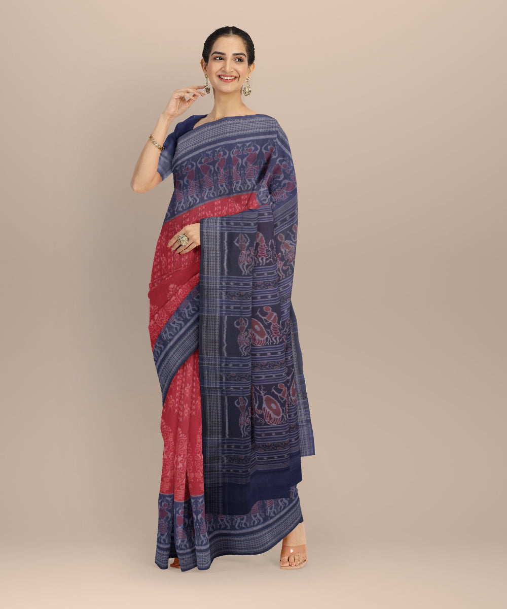 Red navy blue cotton handloom sambalpuri saree