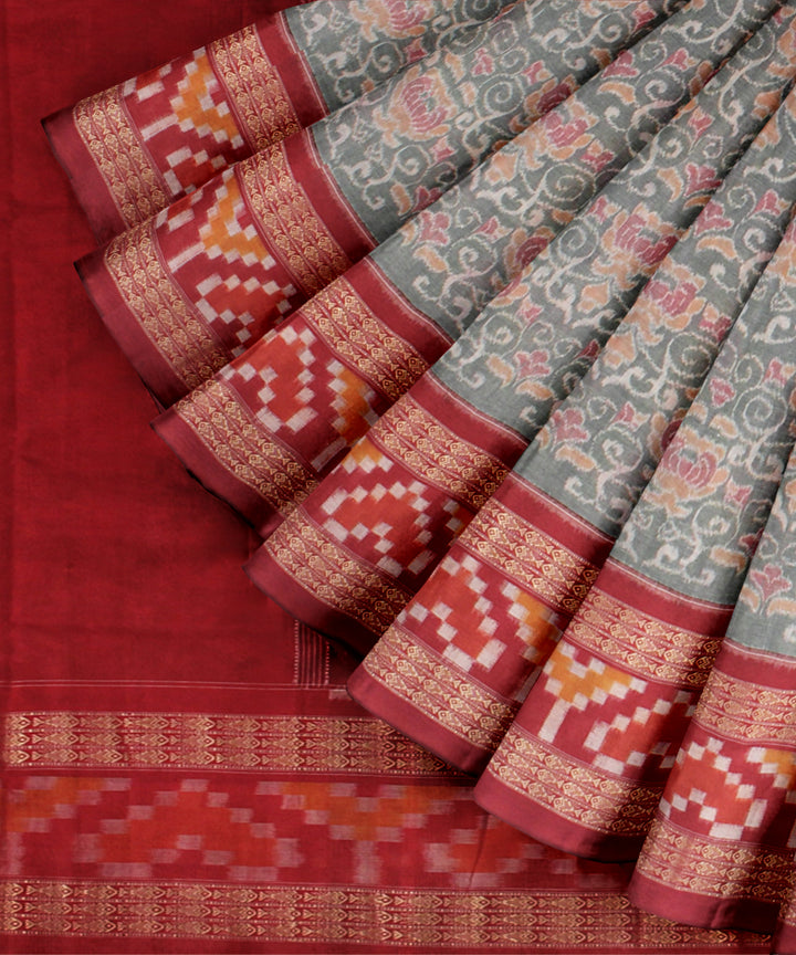 Light green grey red cotton handloom sambalpuri saree