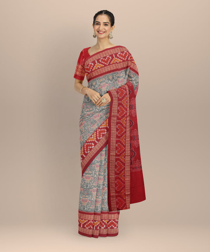 Light green grey red cotton handloom sambalpuri saree