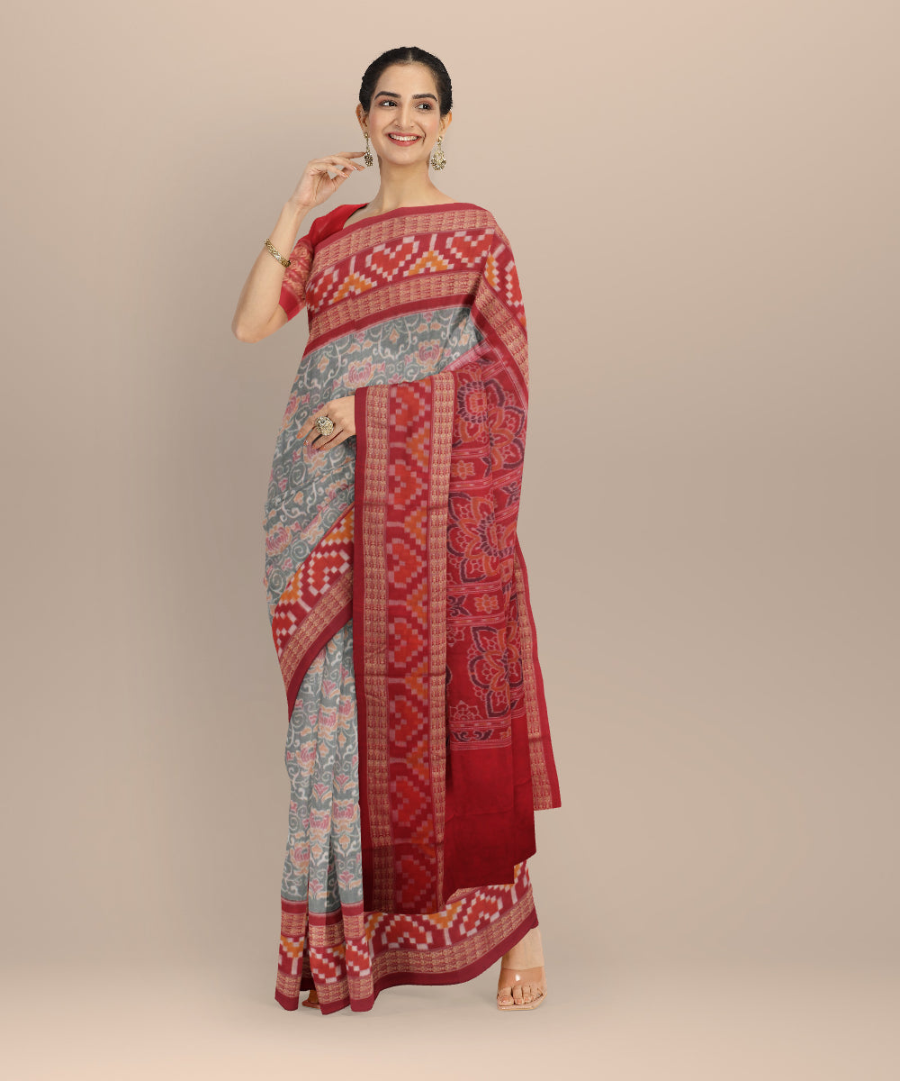 Light green grey red cotton handloom sambalpuri saree