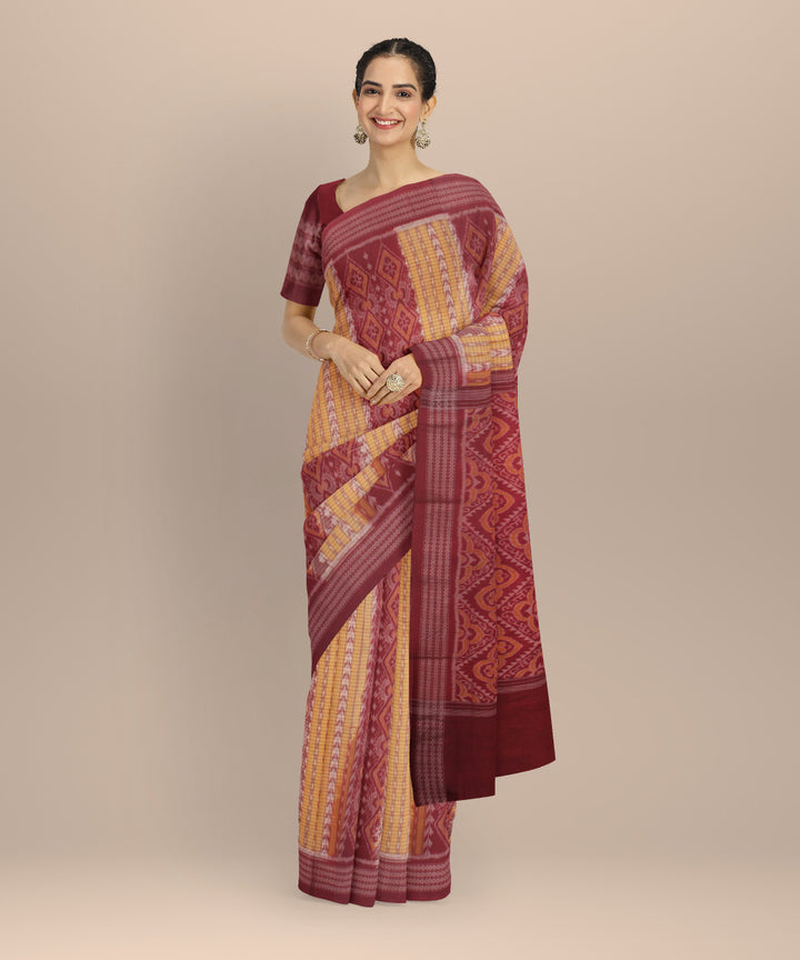 Yellow maroon cotton handloom sambalpuri saree