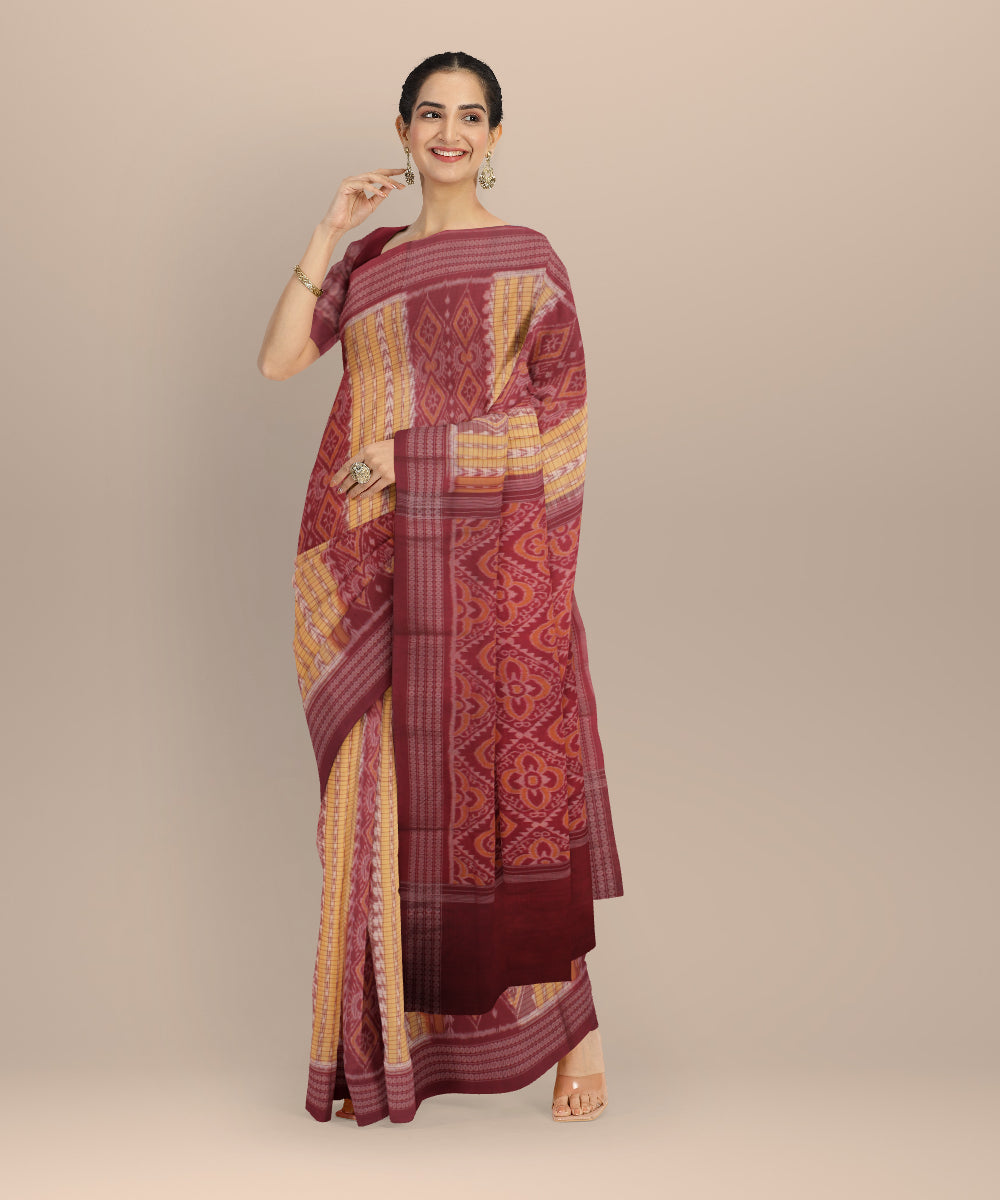 Yellow maroon cotton handloom sambalpuri saree