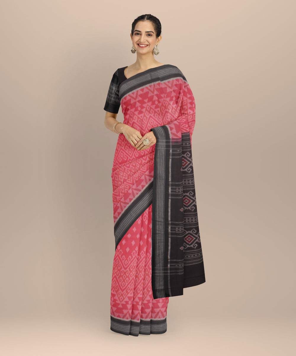 Pink orange black cotton handloom sambalpuri saree