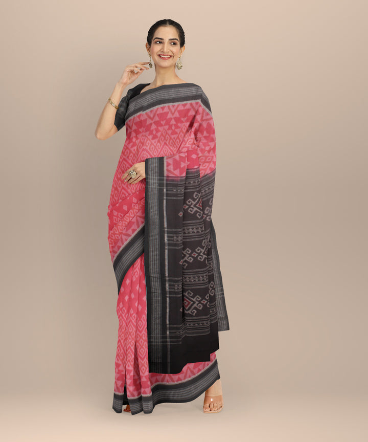 Pink orange black cotton handloom sambalpuri saree