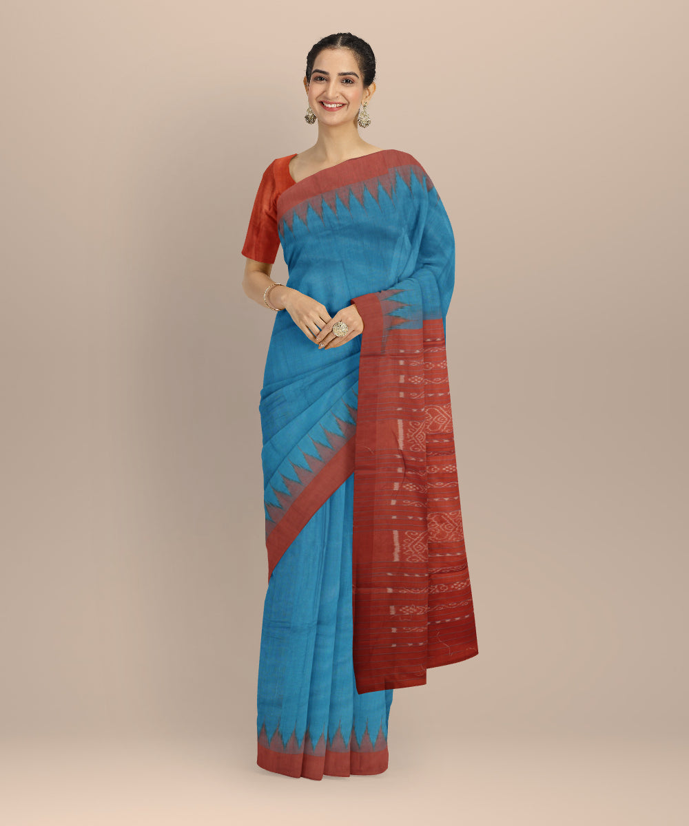 Sky blue rust tussar silk handloom gopalpur saree