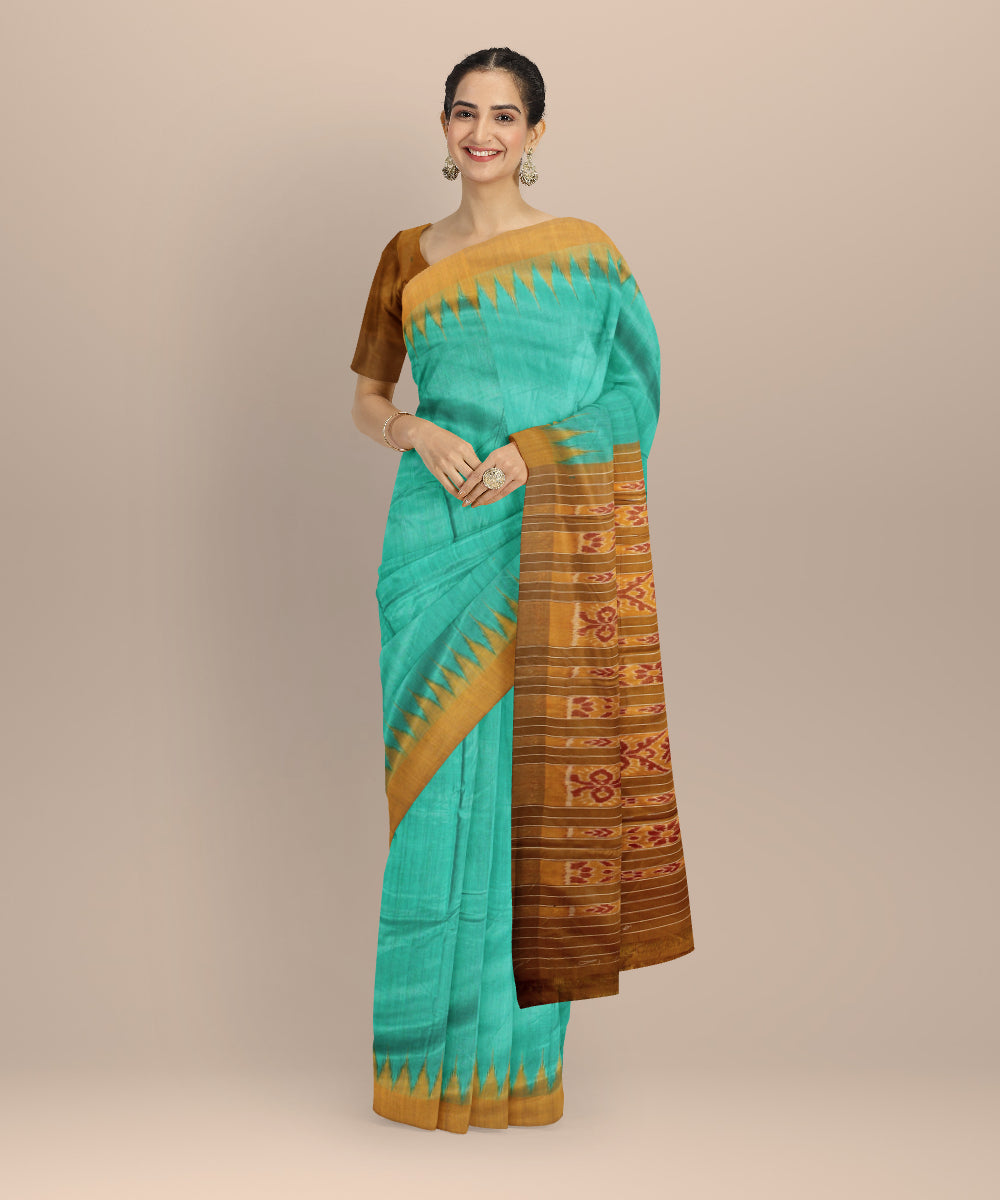 Aquamarine mustard tussar silk handloom gopalpur saree