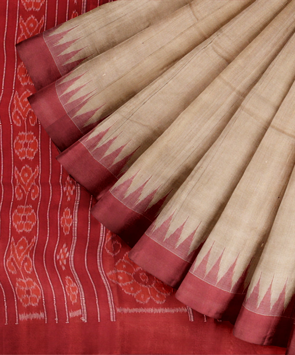 Beige red tussar silk handloom gopalpur saree