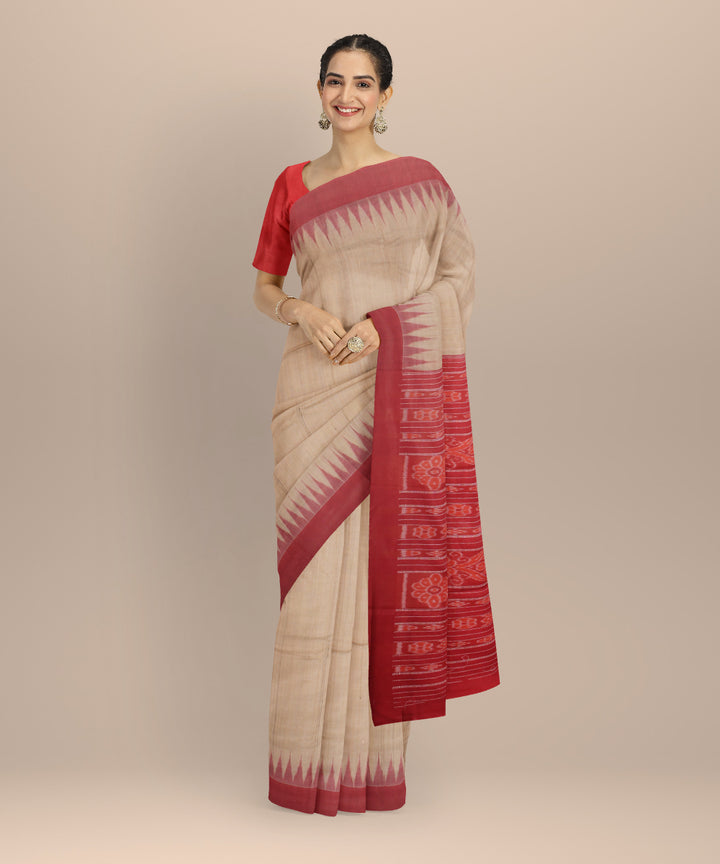 Beige red tussar silk handloom gopalpur saree