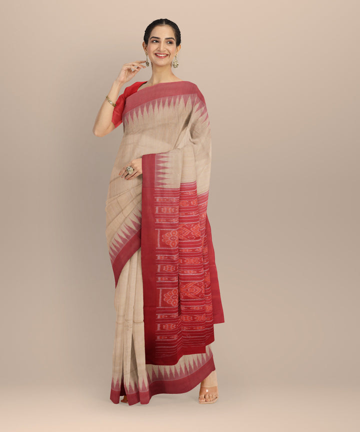 Beige red tussar silk handloom gopalpur saree