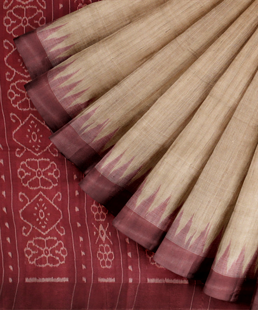 Beige maroon tussar silk gopalpur handloom saree
