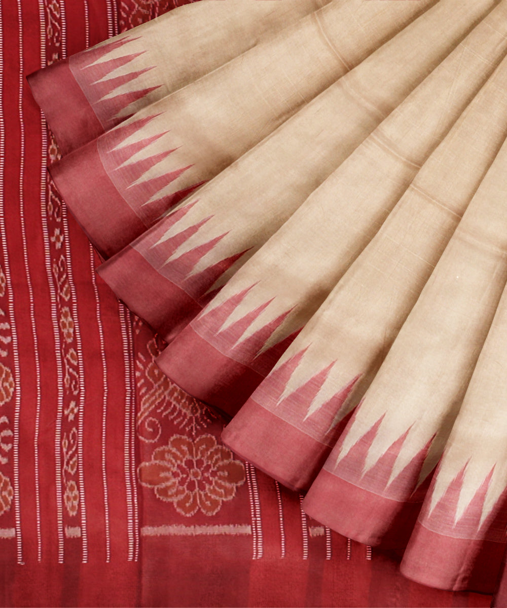 Beige red tussar silk handwoven gopalpur saree
