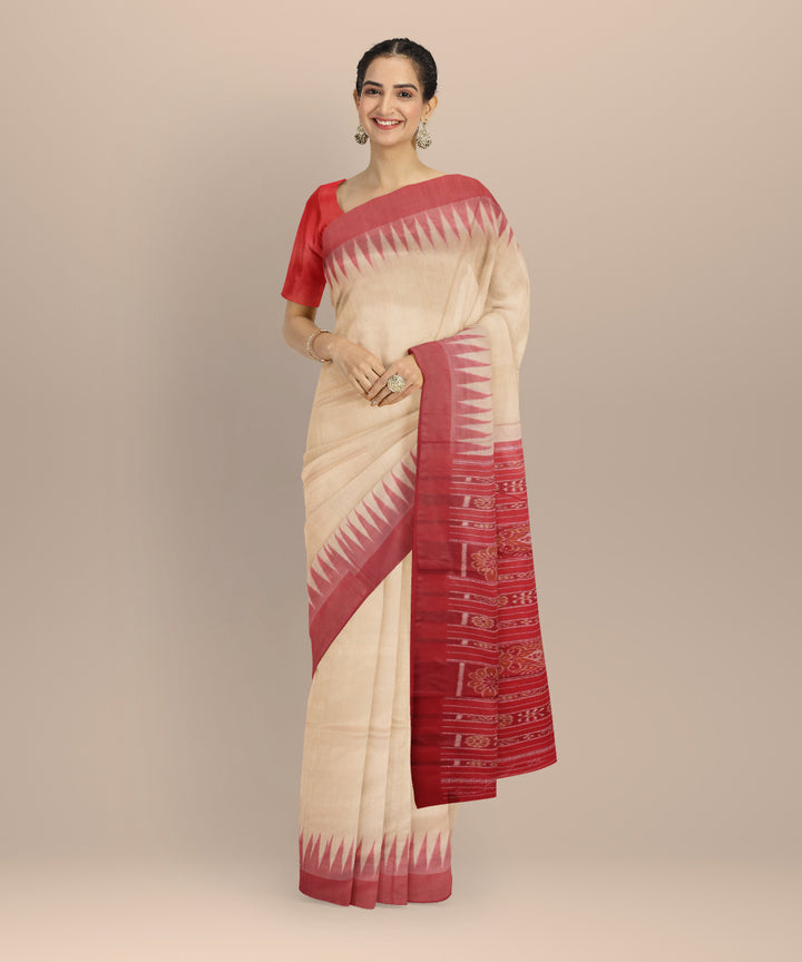 Beige red tussar silk handwoven gopalpur saree