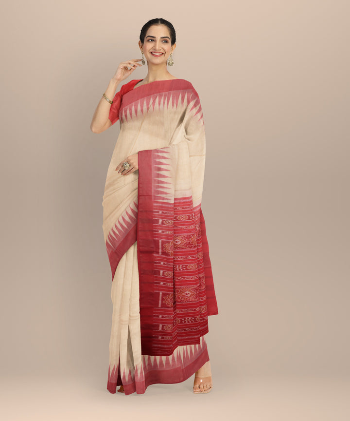 Beige red tussar silk handwoven gopalpur saree
