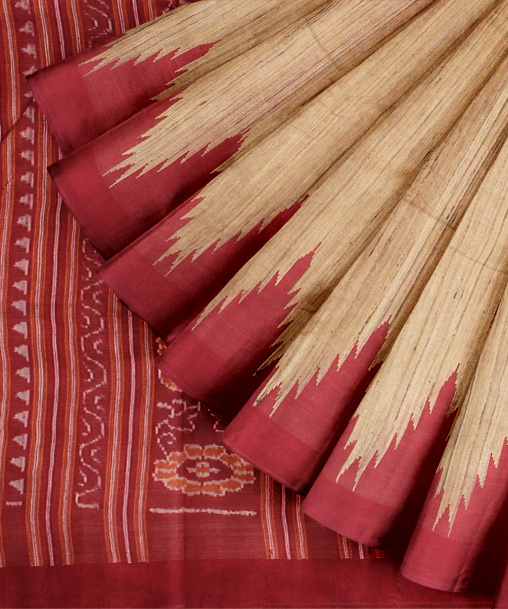 Beige maroon tussar silk handloom gopalpur saree
