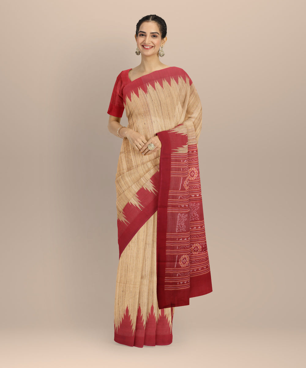 Beige maroon tussar silk handloom gopalpur saree
