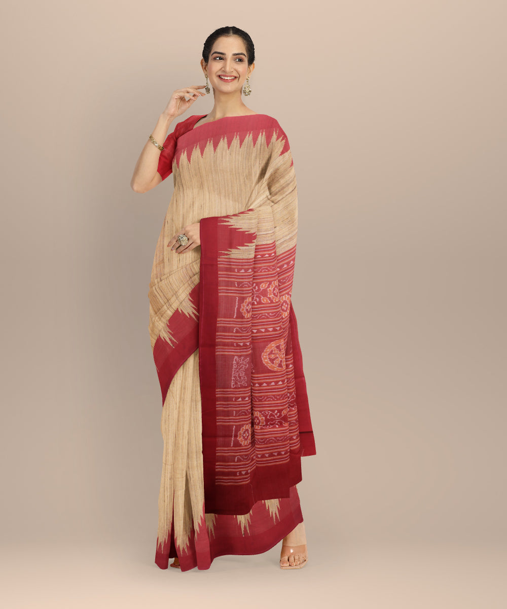 Beige maroon tussar silk handloom gopalpur saree