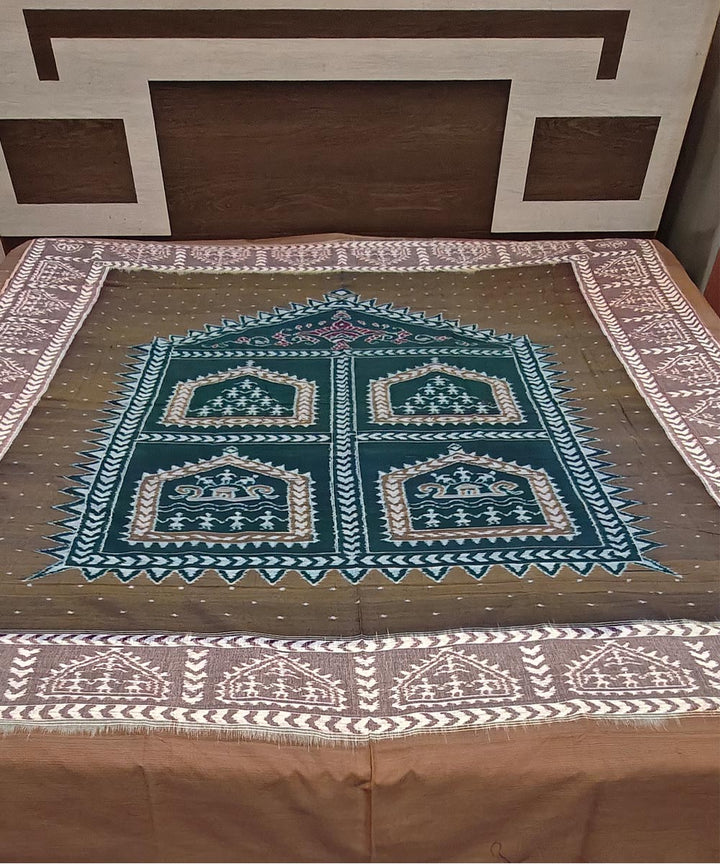Brown green handwoven sambalpuri cotton bedsheet