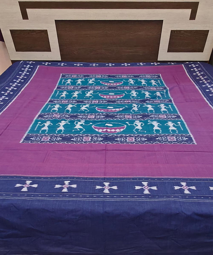 Cyan green blue handwoven sambalpuri cotton bedsheet