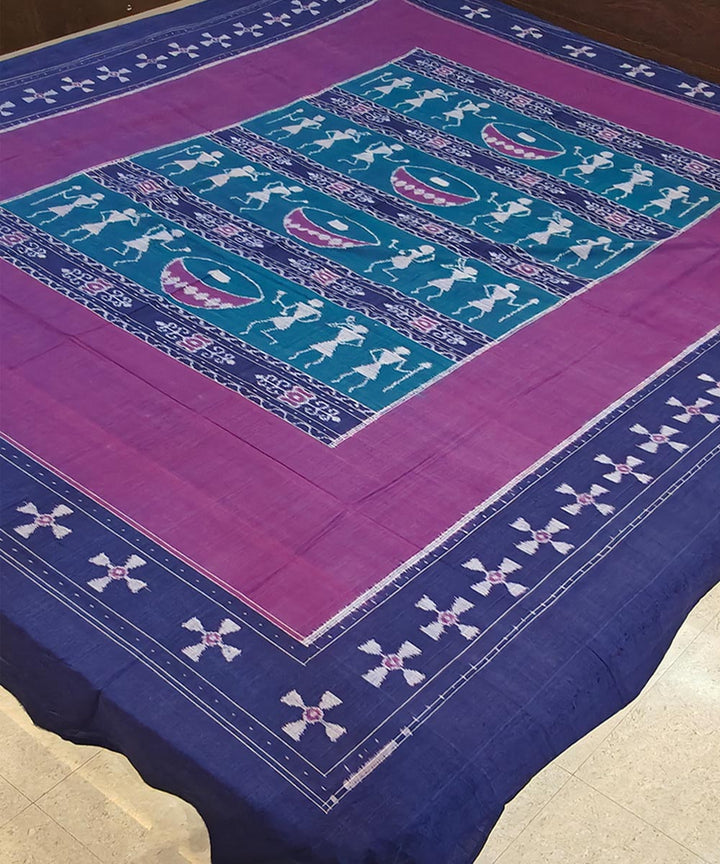 Cyan green blue handwoven sambalpuri cotton bedsheet