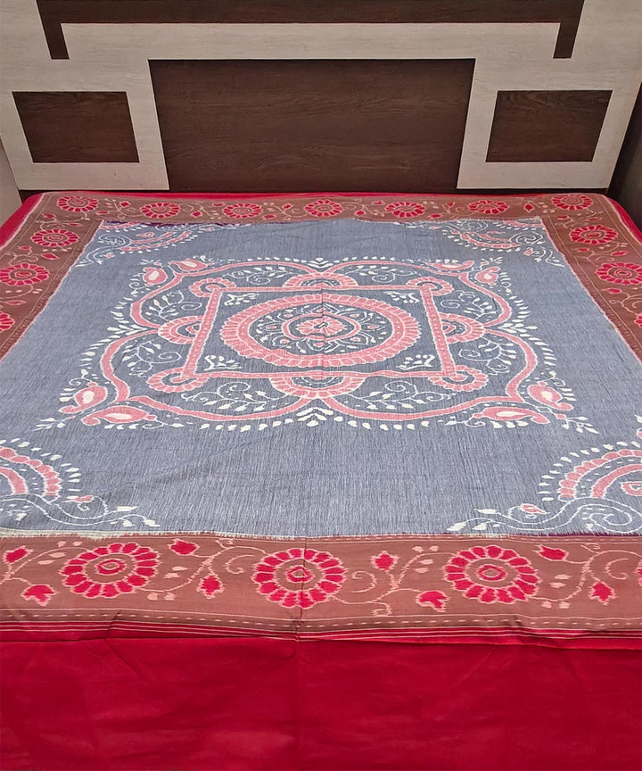 Grey red handwoven sambalpuri cotton bedsheet