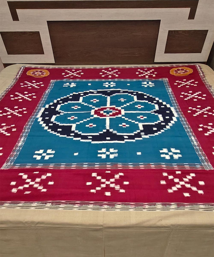 Cyan blue maroon handwoven sambalpuri cotton bedsheet