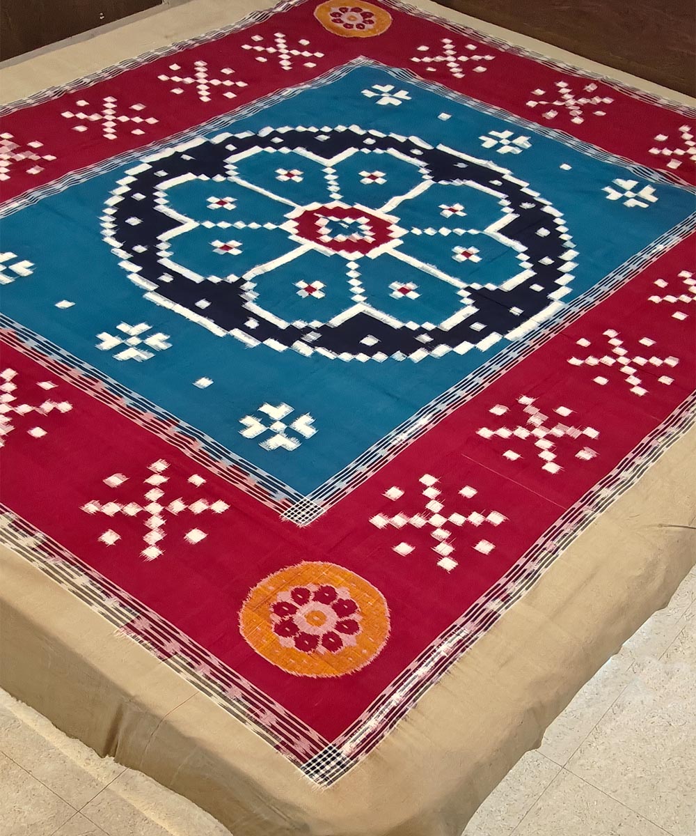 Cyan blue maroon handwoven sambalpuri cotton bedsheet