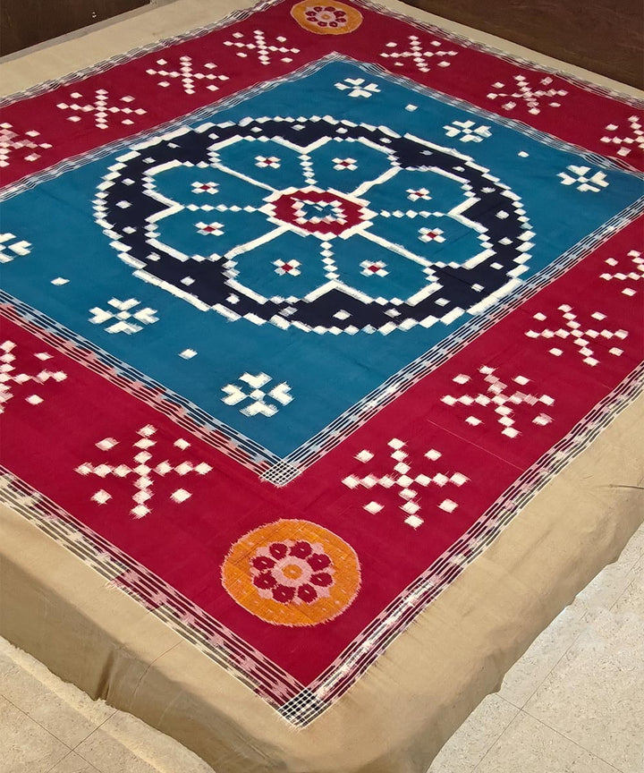 Cyan blue maroon handwoven sambalpuri cotton bedsheet