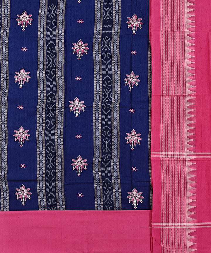 Navy blue pink handwoven cotton nuapatna dress material