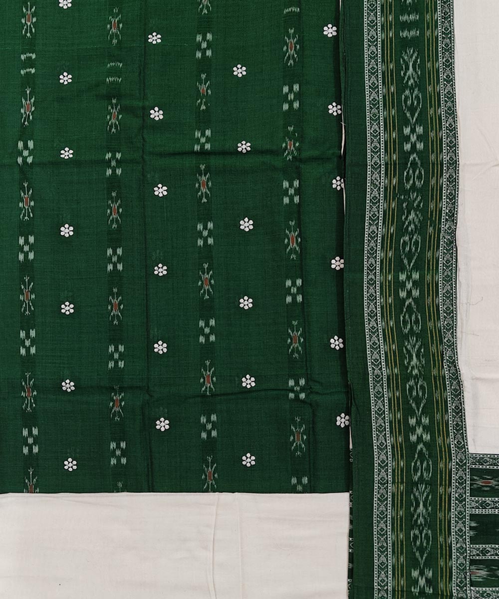 Dark green white handwoven cotton nuapatna dress material