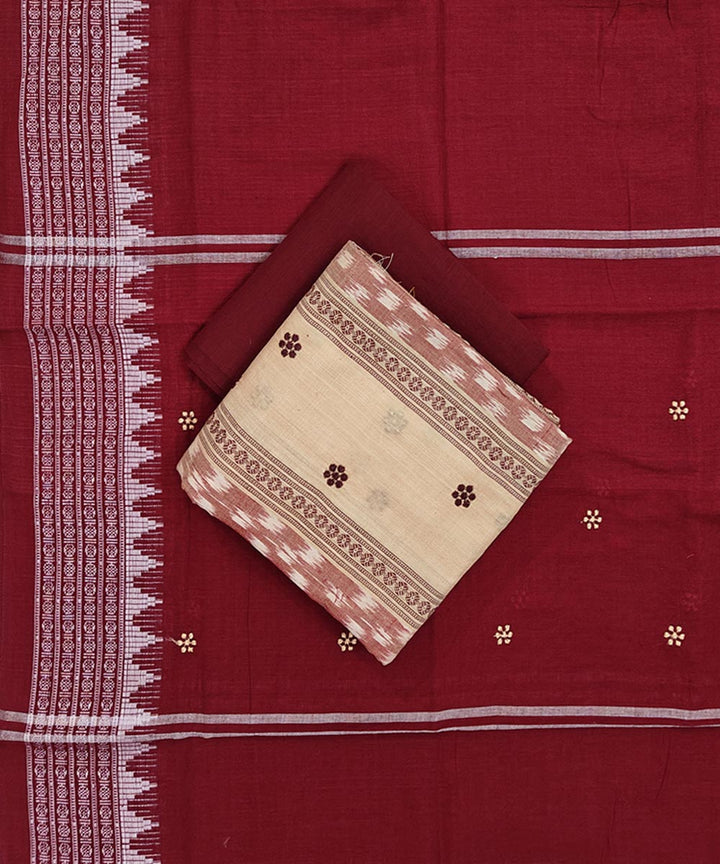 Beige maroon handwoven cotton nuapatna dress material