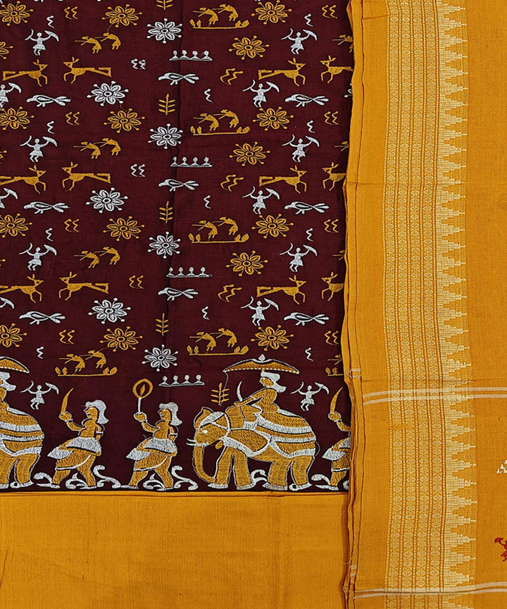 Maroon yellow hand woven cotton nuapatna dress material