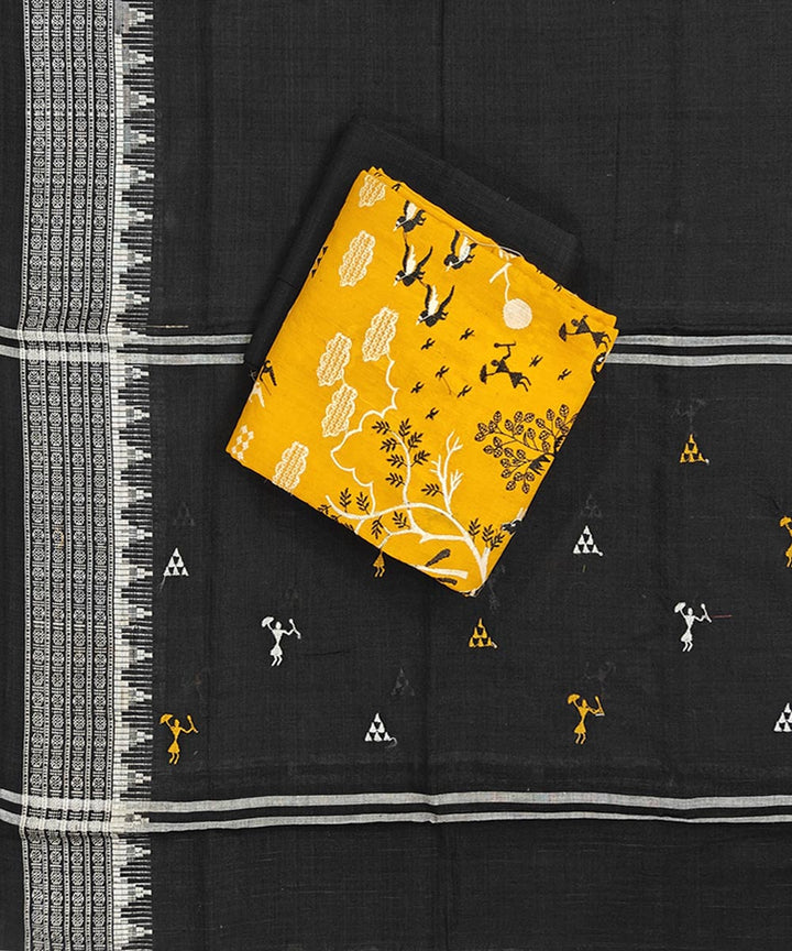 Yellow black handwoven cotton nuapatna dress material