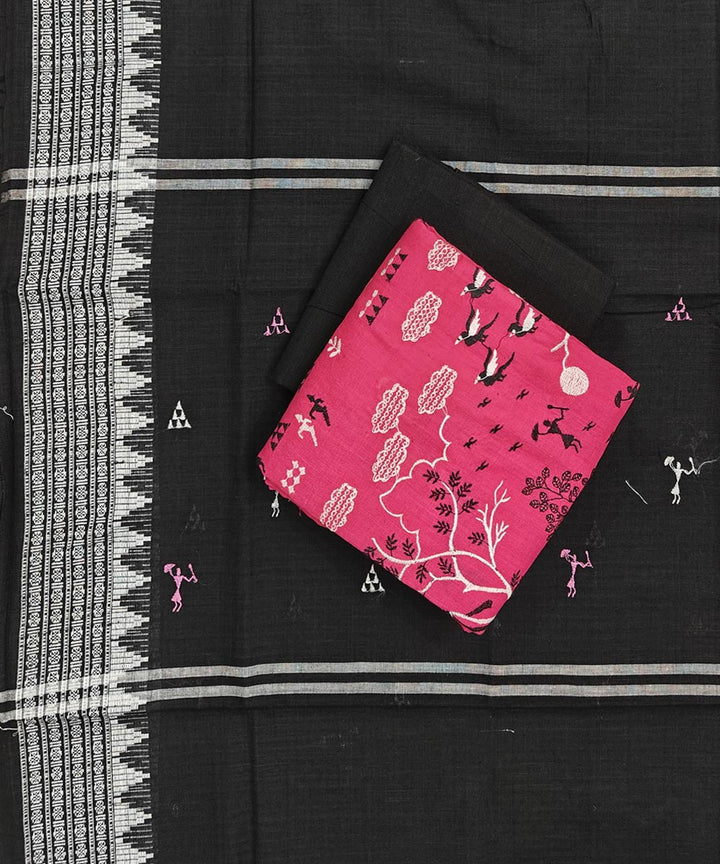 Pink black handwoven cotton nuapatna dress material