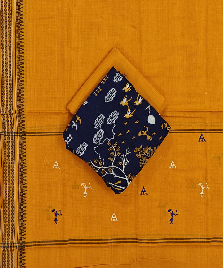 Navy blue yellow handwoven cotton nuapatna dress material