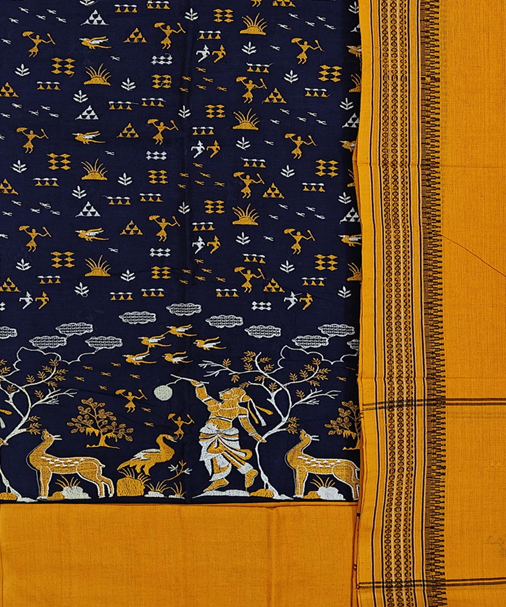 Navy blue yellow handwoven cotton nuapatna dress material