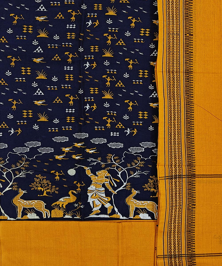Navy blue yellow handwoven cotton nuapatna dress material