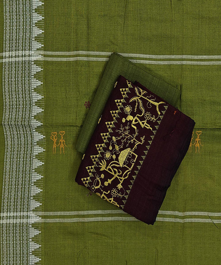 Maroon olive green handwoven cotton nuapatna dress material