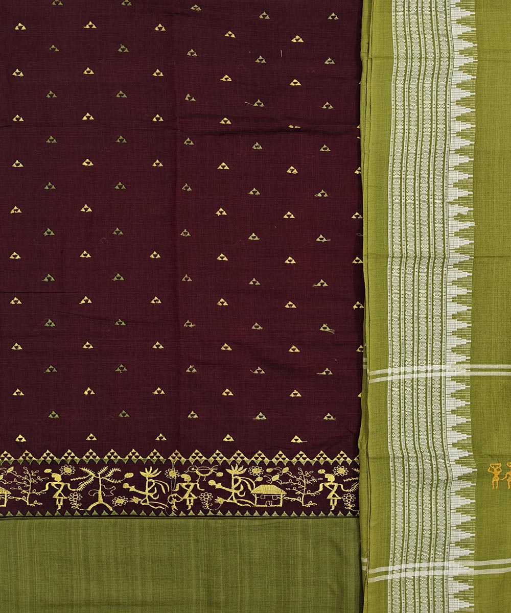 Maroon olive green handwoven cotton nuapatna dress material