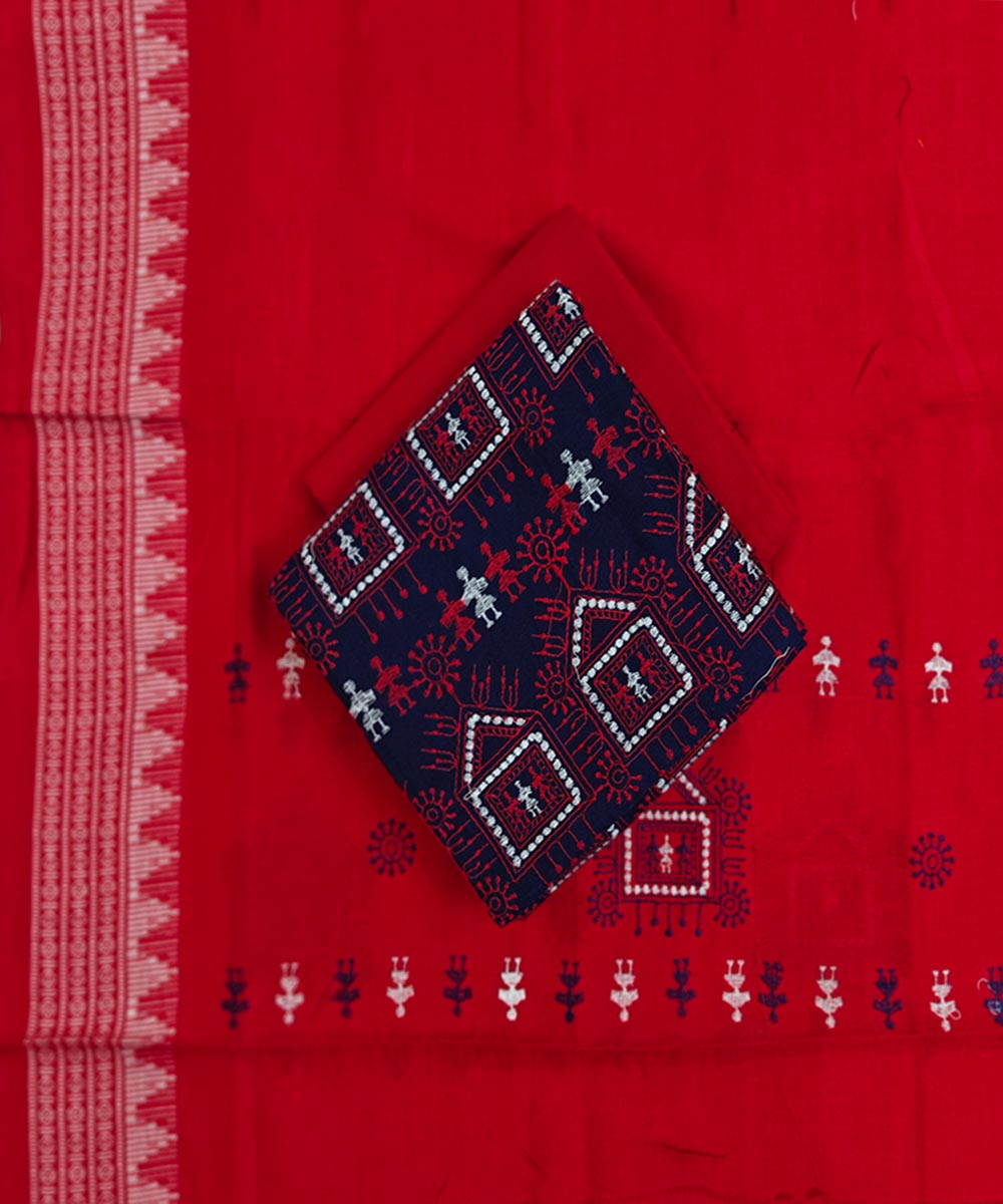 Navy Blue Red Handwoven Cotton Sambalpuri Dress Material