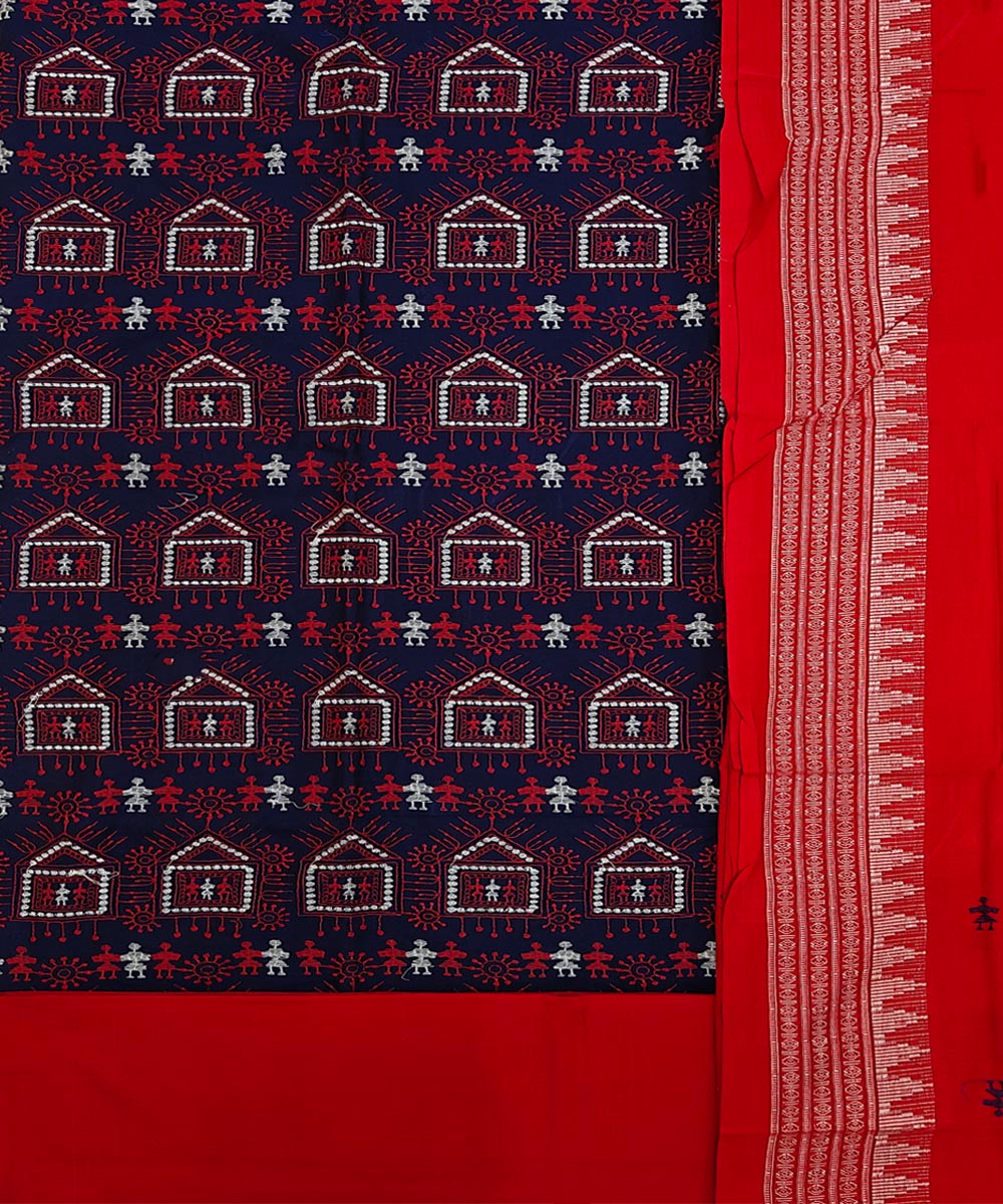 Navy Blue Red Handwoven Cotton Sambalpuri Dress Material