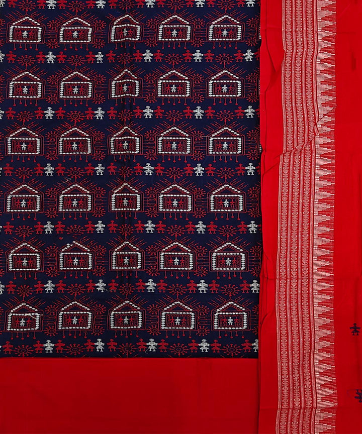 Navy Blue Red Handwoven Cotton Sambalpuri Dress Material