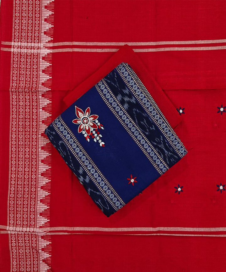 Navy Blue Red Handwoven Cotton Sambalpuri Dress Material