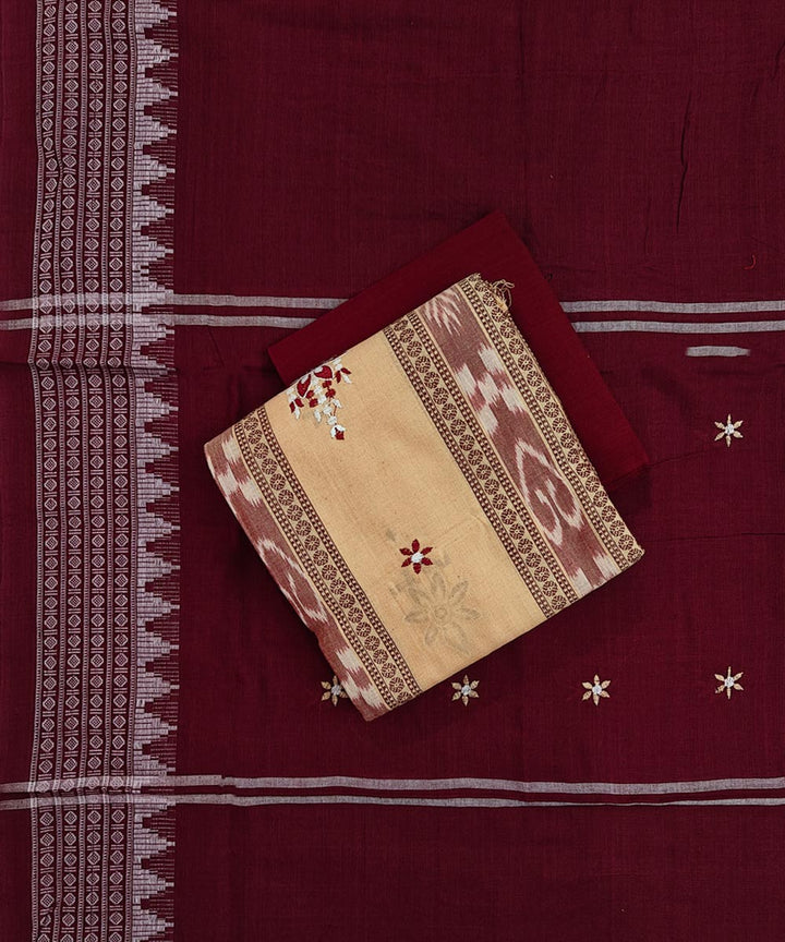 Beige Maroon Handwoven Cotton Sambalpuri Dress Material