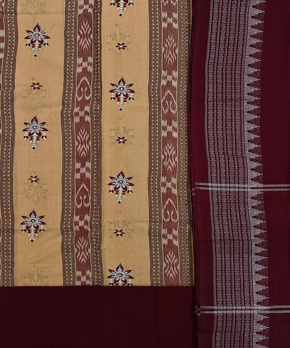 Beige Maroon Handwoven Cotton Sambalpuri Dress Material
