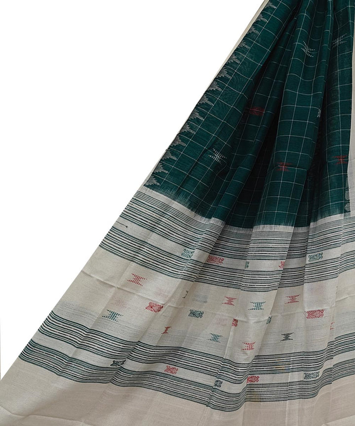 Dark green white handwoven cotton sambalpuri dupatta