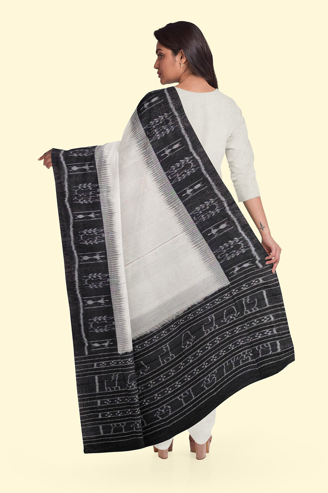 White Black Handloom Cotton Sambalpuri Dupatta