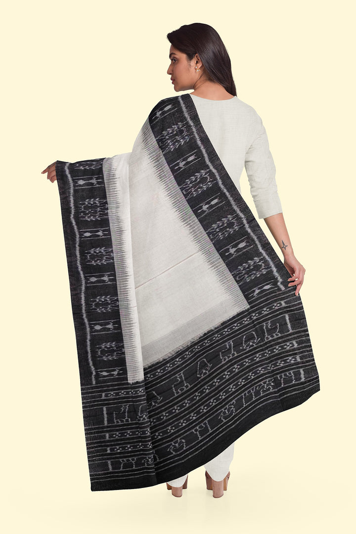 White Black Handloom Cotton Sambalpuri Dupatta