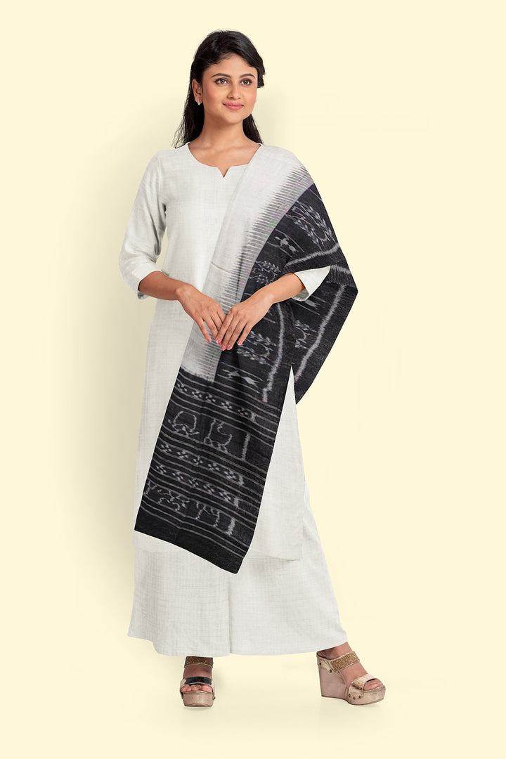 White Black Handloom Cotton Sambalpuri Dupatta
